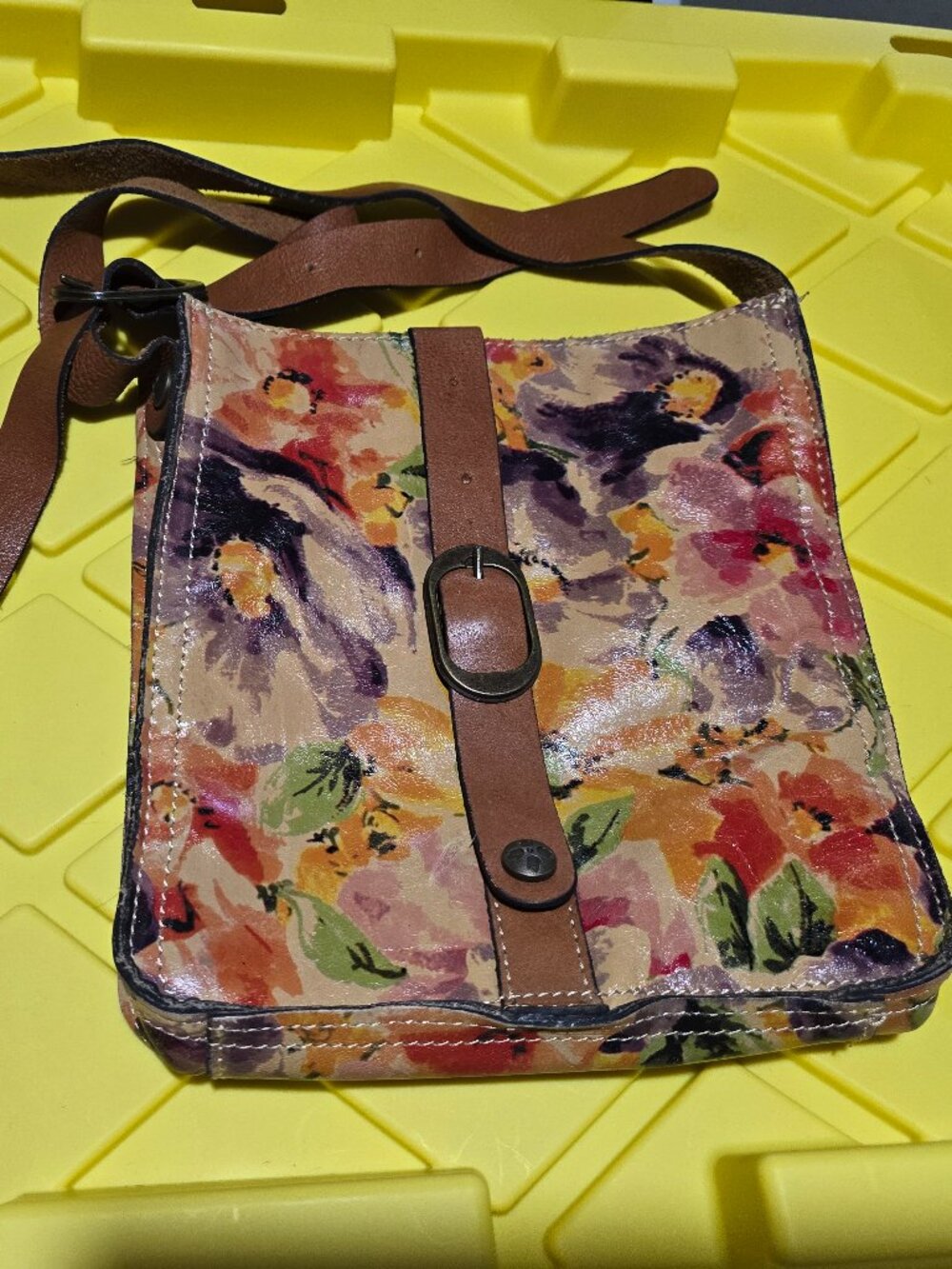 Patricia Nash Floral Leather Crossbody Bag Multi Color Flower Print Handbag GUC